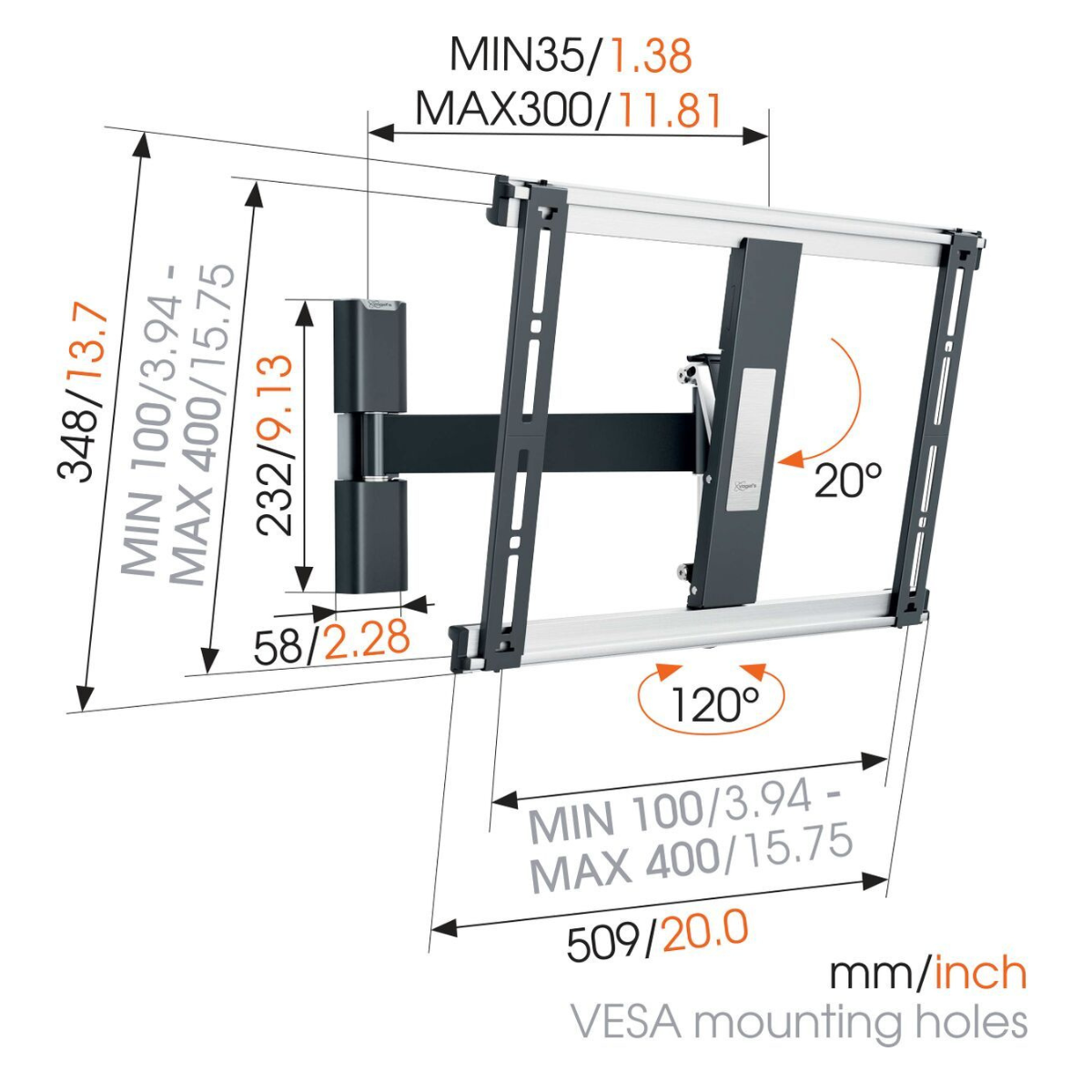 Vogels THIN 425 Full motion stenski TV nosilec, 26" do 55", 120°+20°, 18kg, črn