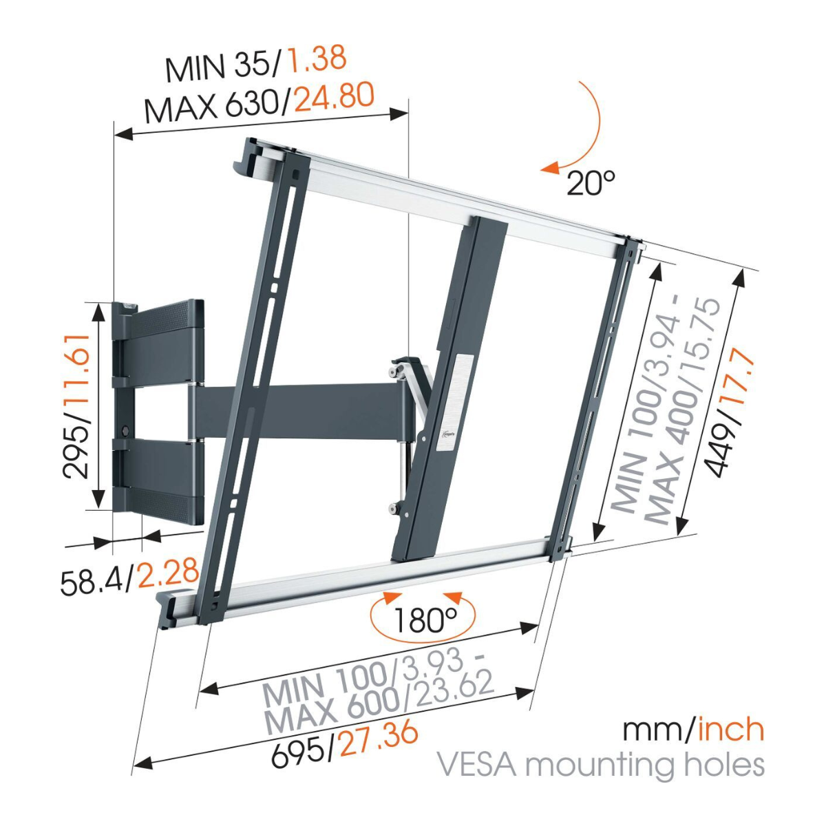 Vogels THIN 545 Full motion stenski TV nosilec, 40" do 65", 180°+20°, 25kg, črn ali bel