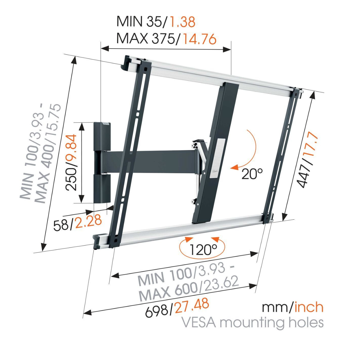 Vogels THIN 525 Full motion stenski TV nosilec, 40" do 65", 120°+20°, 25kg, črn
