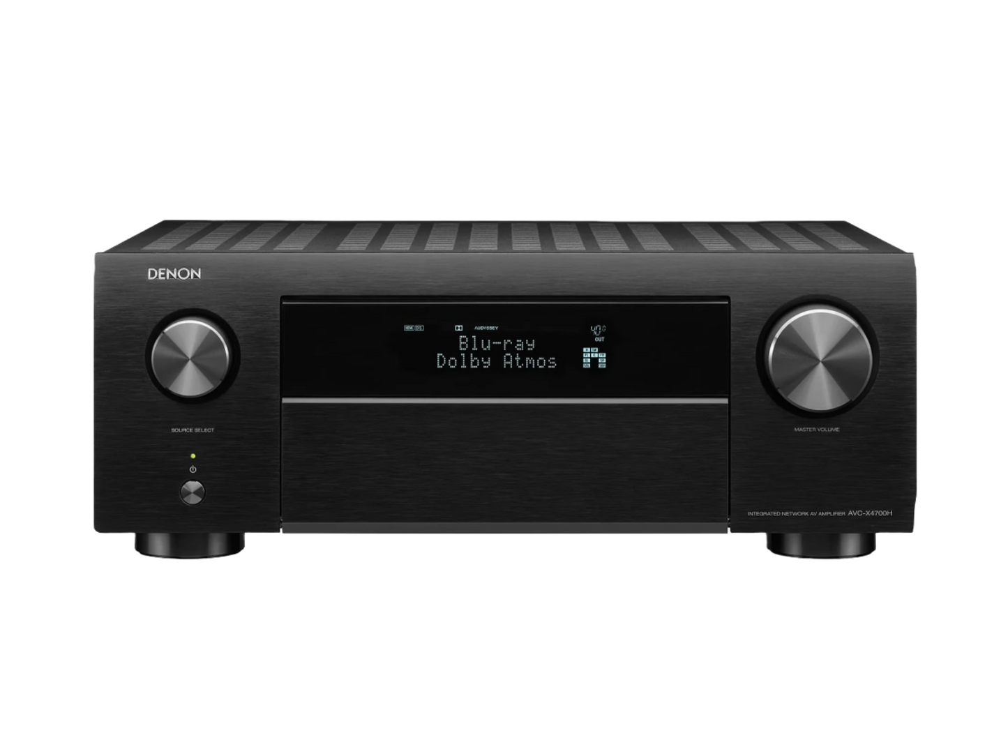 Slika AV sprejemnika Denon AVC-X 4700h od spredaj. Zgornja resetka omogoča vrhunsko prezračevanje za hlajenje.