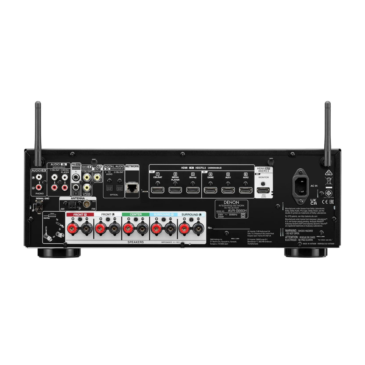 Povežite vse svoje zvočnike: Slika zadnje plošče Denon AVR-S660H s priključki za 5.2-kanalni sistem zvočnikov in druge naprave.