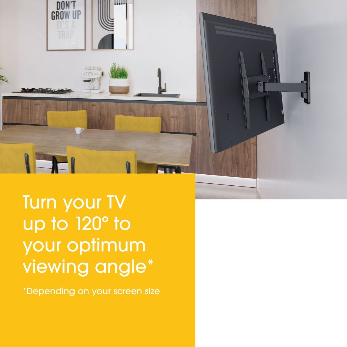 Vogels MA 3030: Gibljiv nosilec (32-65") z možnostjo vrtenja 120° in nagibanja 15° za popolno usmerjanje televizorja in udobno gledanje.