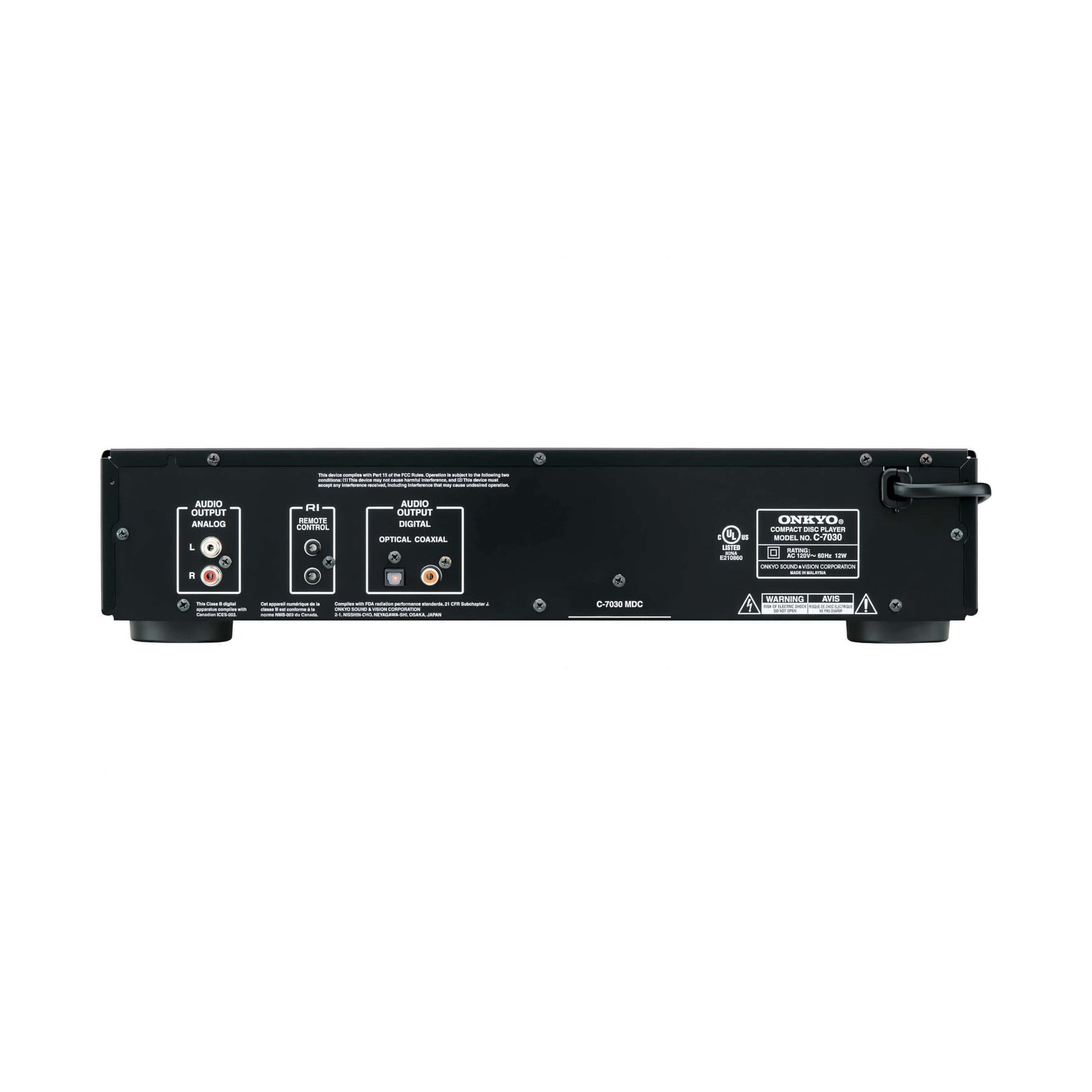 Slika zadnje plošče Onkyo C-7030, ki prikazuje digitalne in analogne avdio izhode.