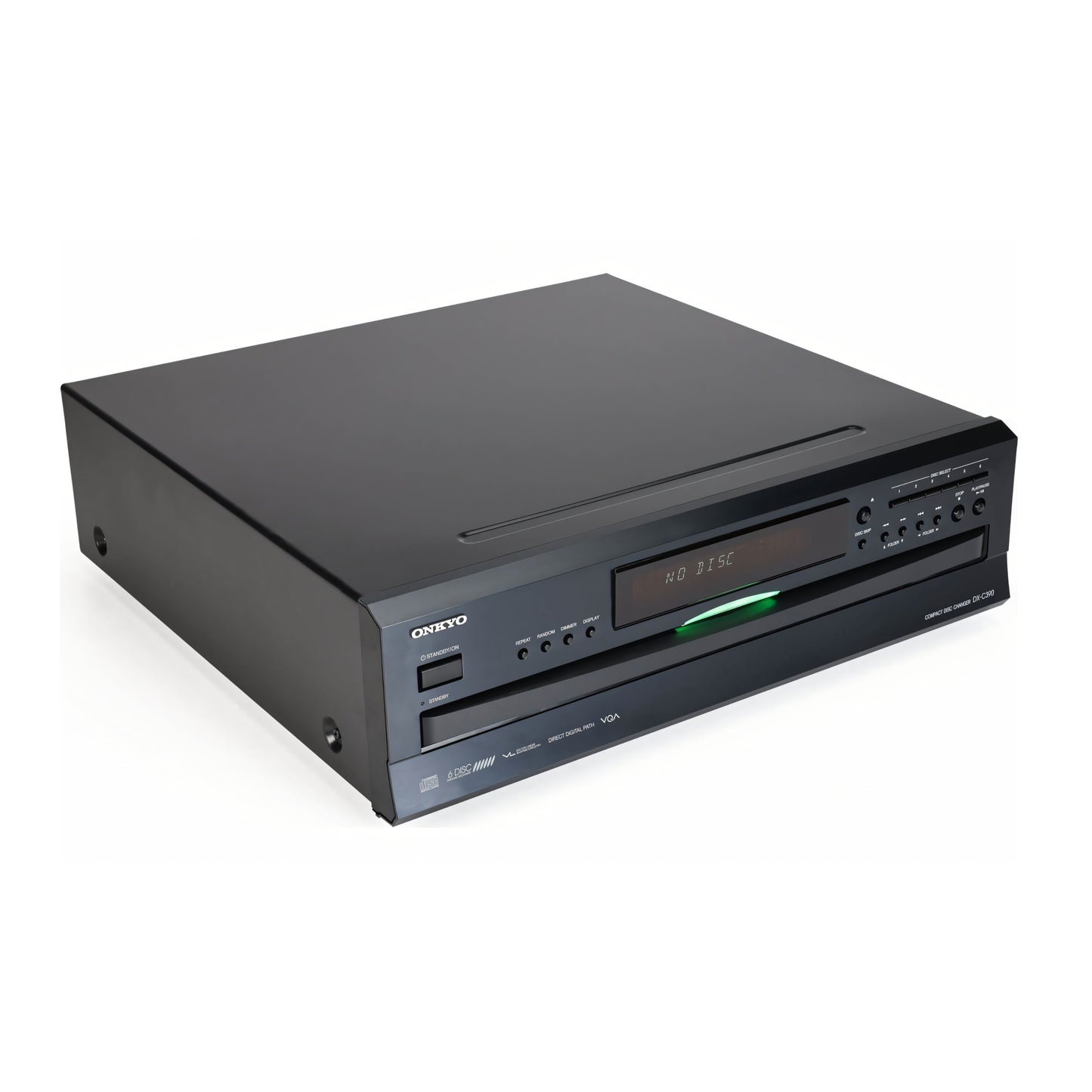 Podrobna slika Onkyo DX-C390 predvajalnika, ki prikazuje 6-disk menjalnik in robustno konstrukcijo.