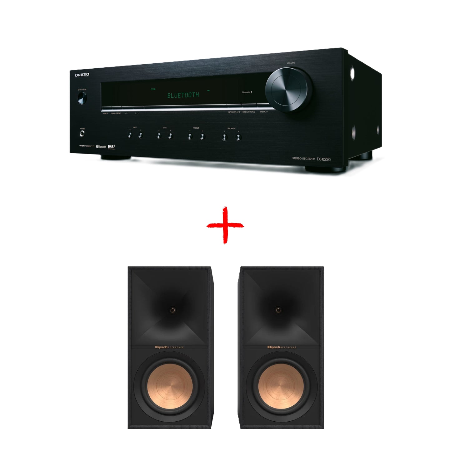 Slika kompleta zvočnikov Klipsch R-60M z stereo sprejemnikom Onkyo TX 8220 za vrhunski hifi sistem.