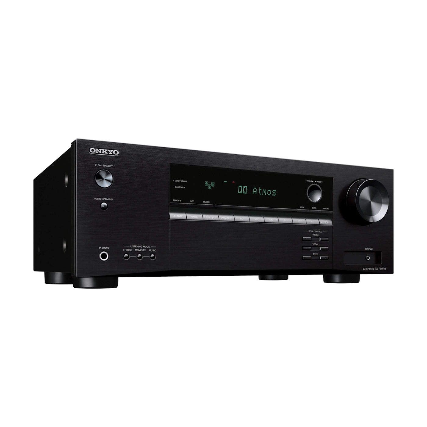 Onkyo TX-SR390 v domačem kinu, povezan s televizorjem in zvočniki.