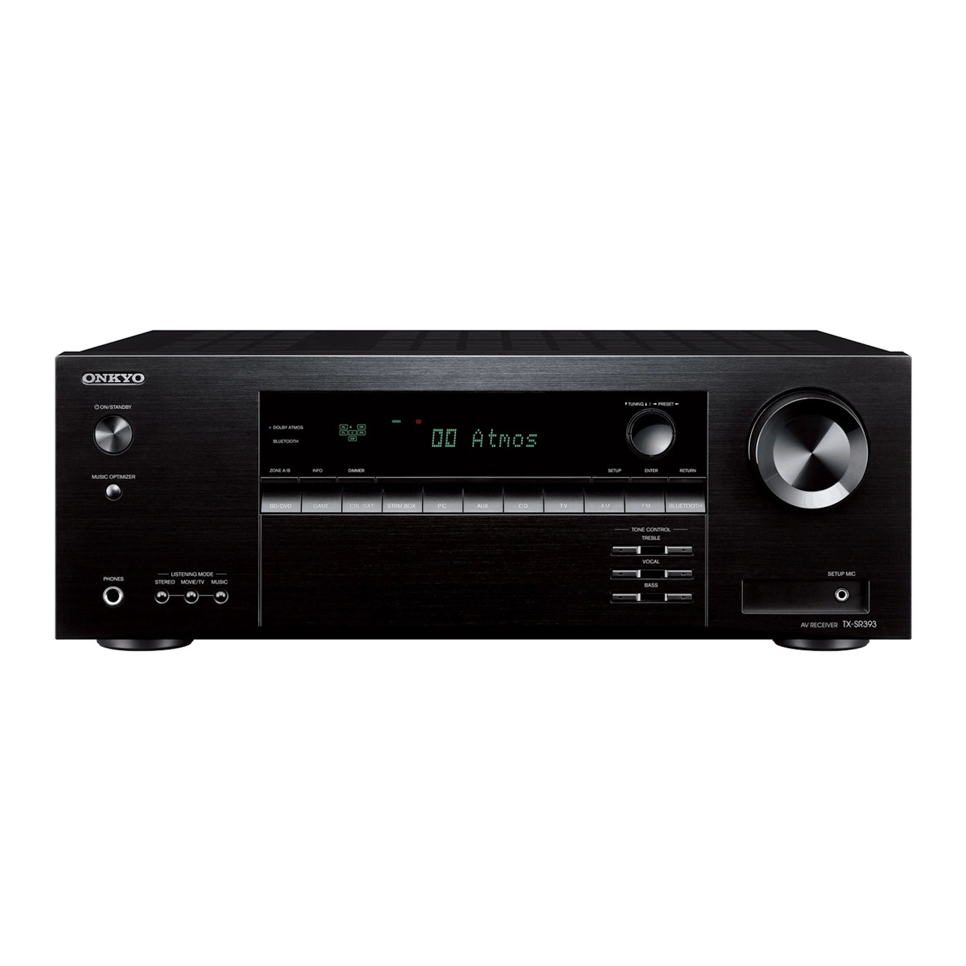 slika Onkyo TX-SR390 AV sprejemnik, črn, sprednja stran s prikazom zaslona.