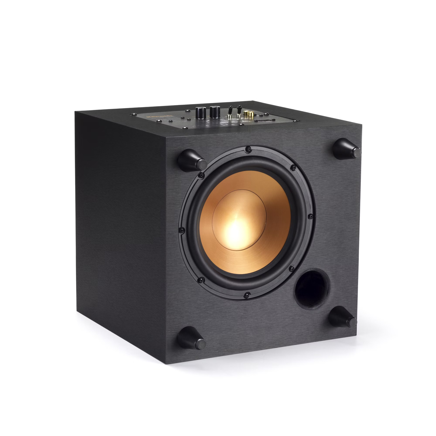 Kompaktni Klipsch R-8 SW subwoofer z 50W RMS močjo in 150W maksimalne moči.