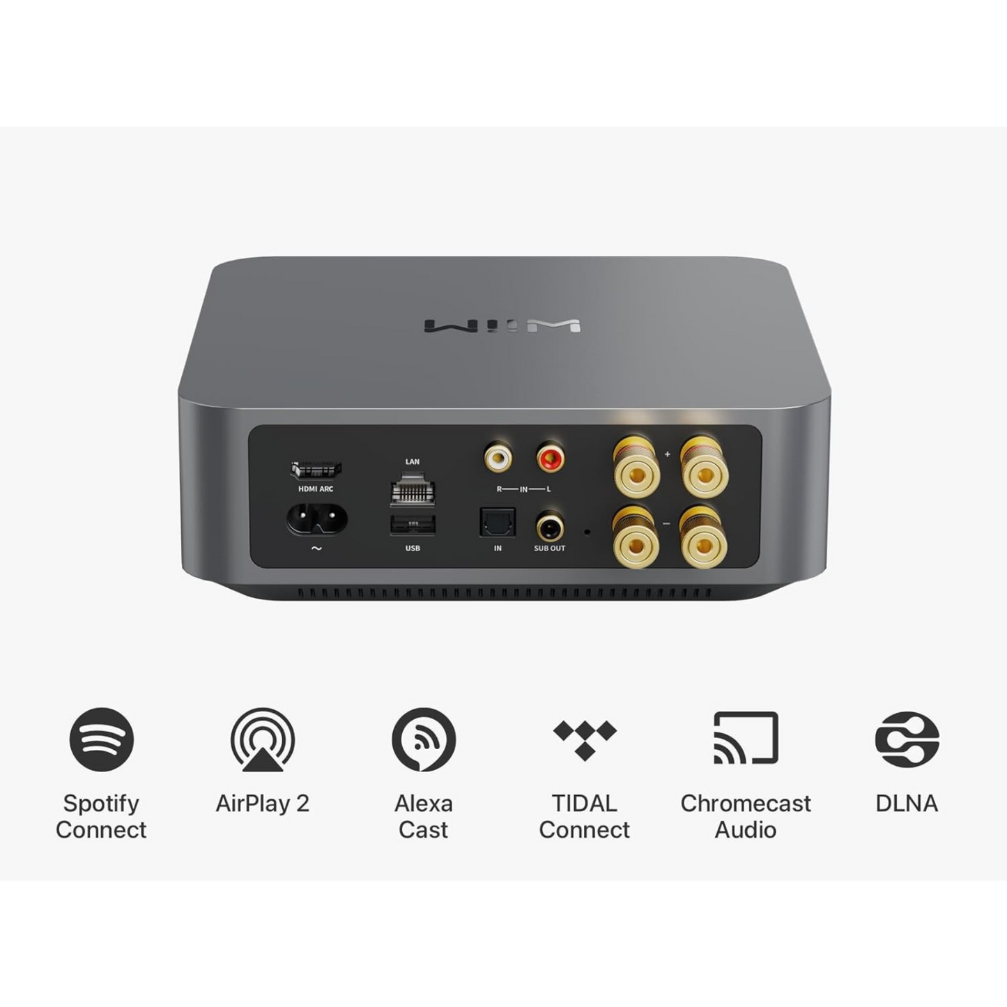 WiiM Amp zadnja stran – Priključki za zvočnike, HDMI ARC, optični, RCA, USB in omrežne povezave.