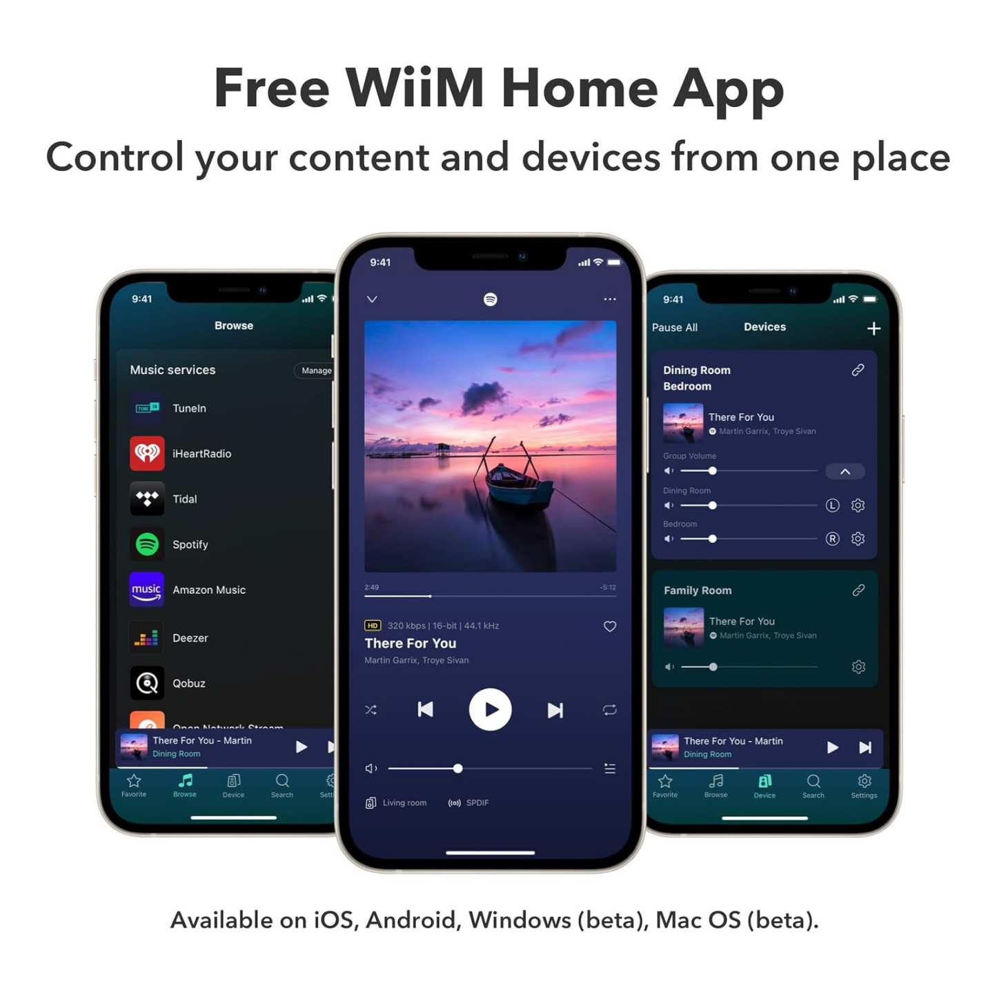 WiiM Amp s pretakanjem glasbe – Združljiv s Spotify, TIDAL, Roon, Amazon Music in drugimi storitvami.