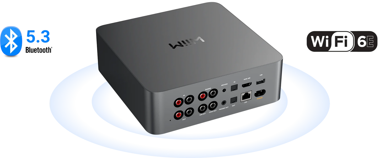 WiiM Ultra povezljivost – Podpora za WiFi, Bluetooth, AirPlay 2, Chromecast in glasovne asistente.