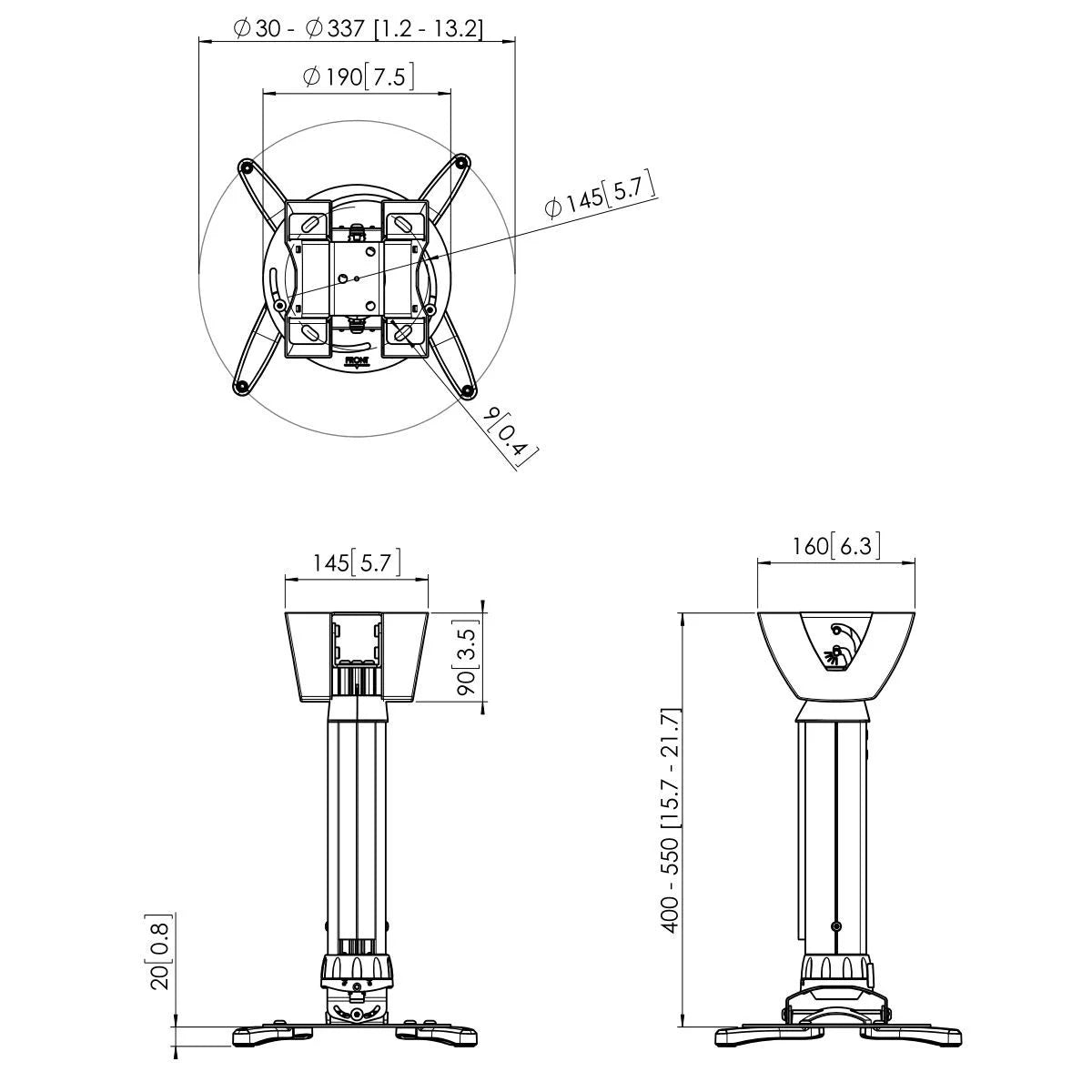 Vogels PPC 1540 Univerzalen stropni nosilec za projektor do 20kg, 360°+15°, bele ali srebrne barve
