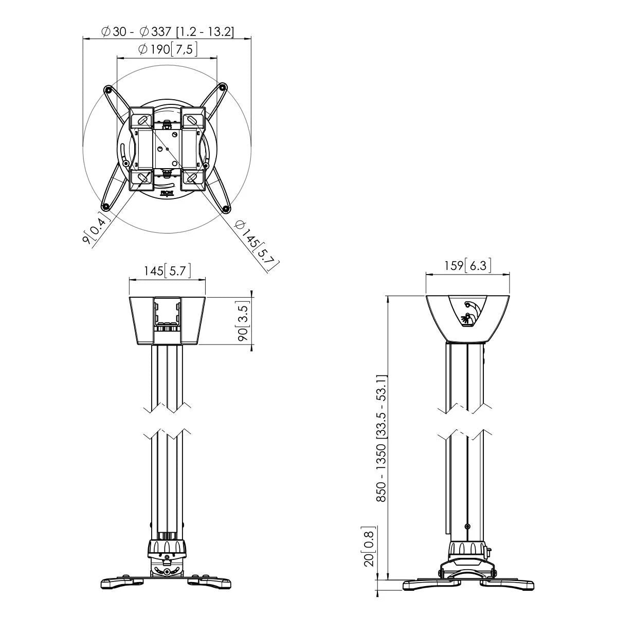 Vogels PPC 1585 Univerzalen stropni nosilec za projektor do 20kg, 360°+15°, bele ali srebrne barve