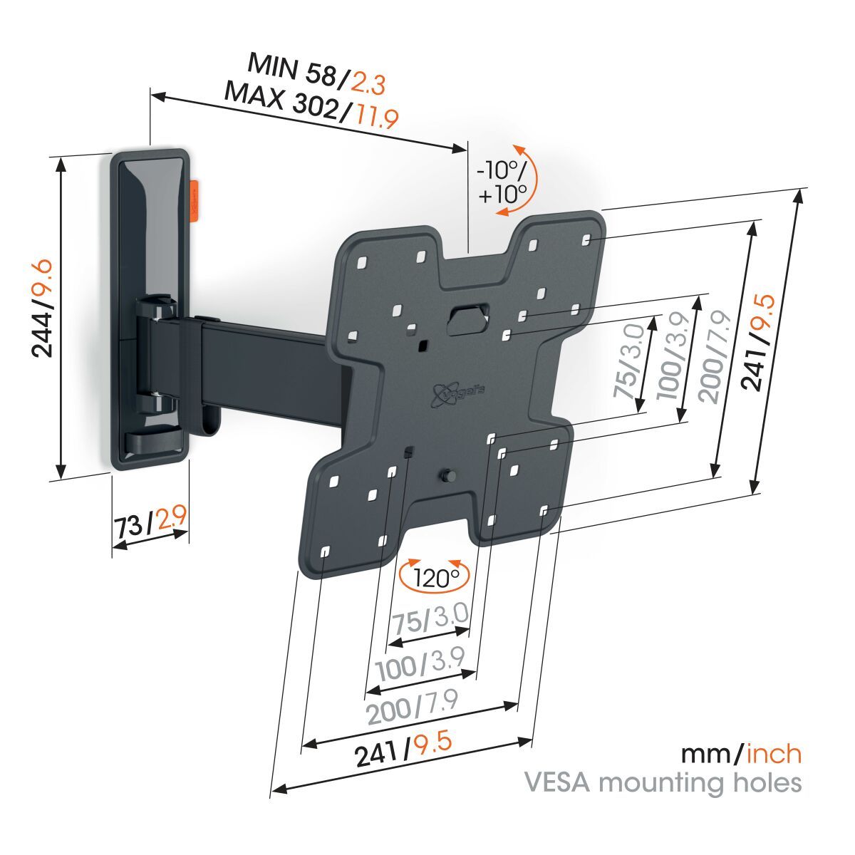 Vogels TVM-3223 Full-Motion nosilec za TV, 19" do 43", 20°+120°, 15kg, Črn