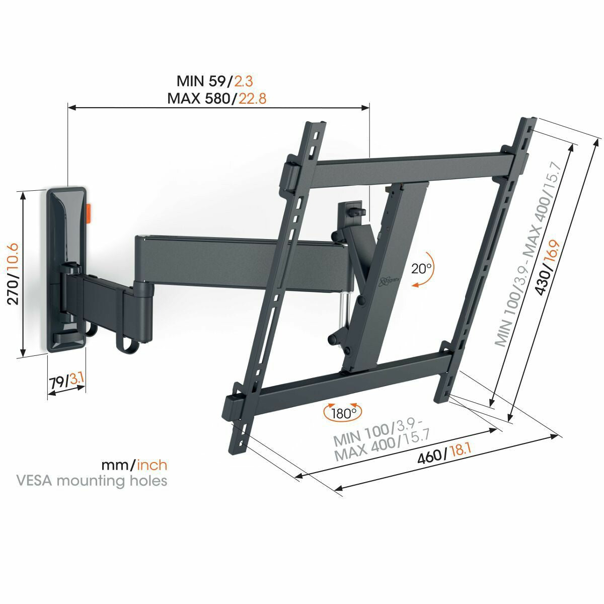 Vogels TVM 3443 Full-Motion nosilec za TV, 32" do 65", 20°+180°, 25kg, Črn ali bel