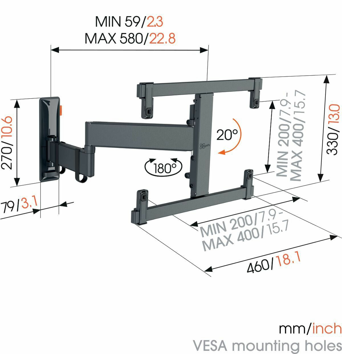 Vogels TVM 3463 Full-Motion OLED stenski nosilec, 32" do 65", 20°+180°, 25kg, črn