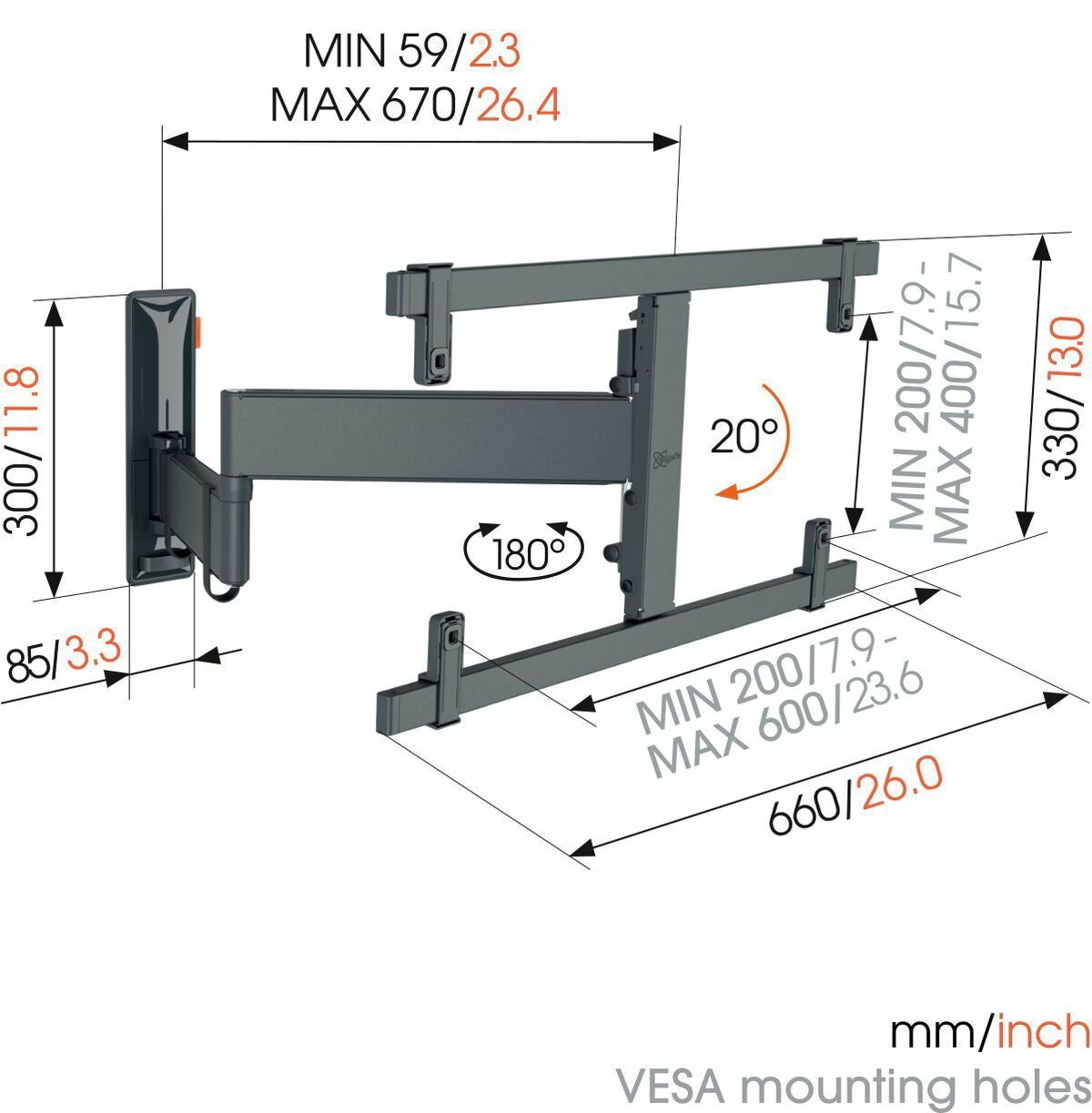 Vogels TVM 3663 Full-Motion OLED stenski TV nosilec, 40" do 77", 20°+180°, 35kg, črn