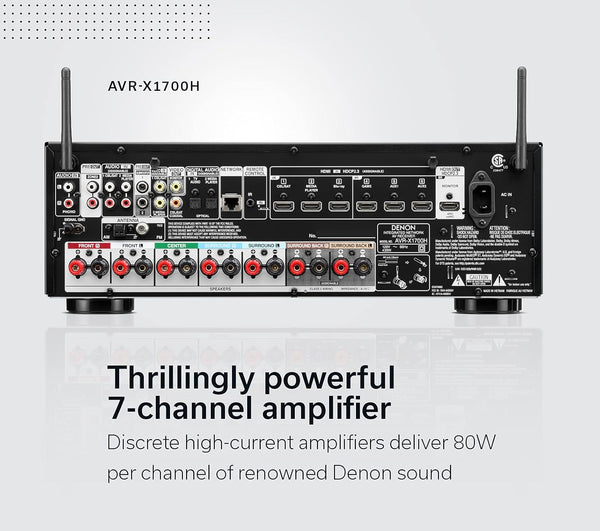 Slika zadnje plošče Denon AVR-X1700H sprejemnika, ki prikazuje vse priključke za zvočnike, vhodne in izhodne naprave.