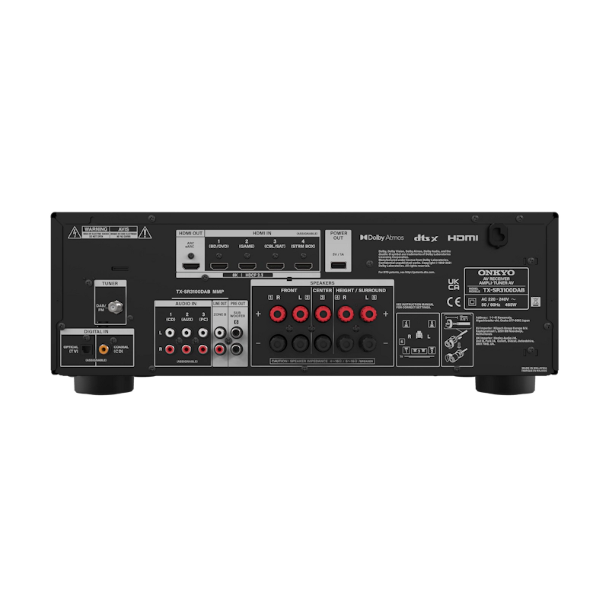  Zadnja stran Onkyo TX-SR3100 z vsemi HDMI, avdio in zvočniškimi priključki.