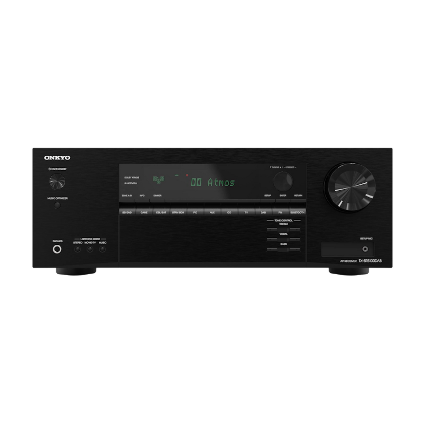 Detajl gumbov in zaslona Onkyo TX-SR3100, poudarek na upravljanju.
