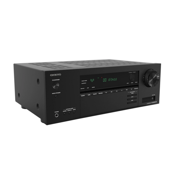 Onkyo TX-SR3100 AV sprejemnik, črn, sprednji pogled z osvetljenim zaslonom.