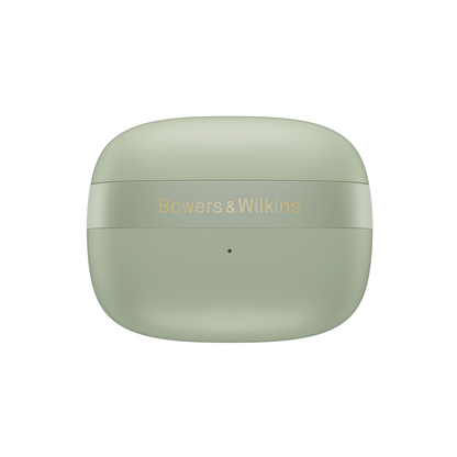 Bowers & Wilkins Pi8 Jade Green ušesne slušalke v elegantnem ohišju za polnjenje in shranjevanje v edinstveni zeleni barvi.
