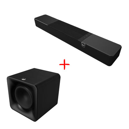 Slika zvočnikov serije Klipsch Flexus: Core Soundbar + Sub 100 10" Sub za hišni kino brez kablov.