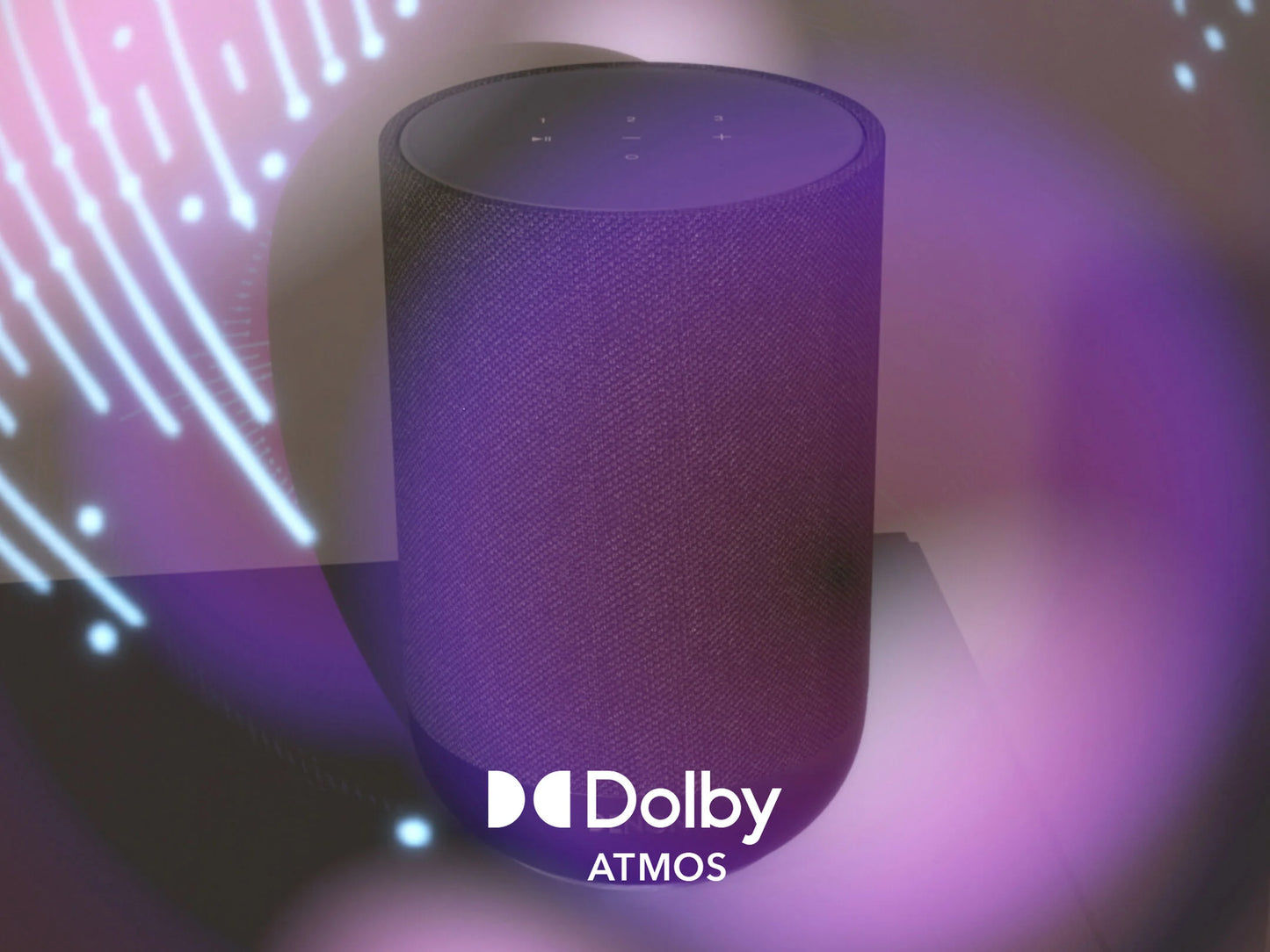 Črna izvedba zvočnika Denon Home 200 z dolby atmos, ki poudarja minimalističen dizajn in se sklada s svetlimi prostori in sodobno opremo.
