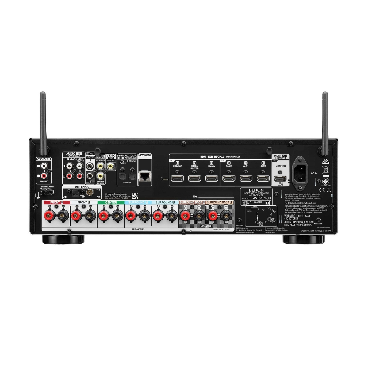 Podrobna slika Denon AVR-S760H receiverja in njegove zadnje plošče z vhodi in izhodi.