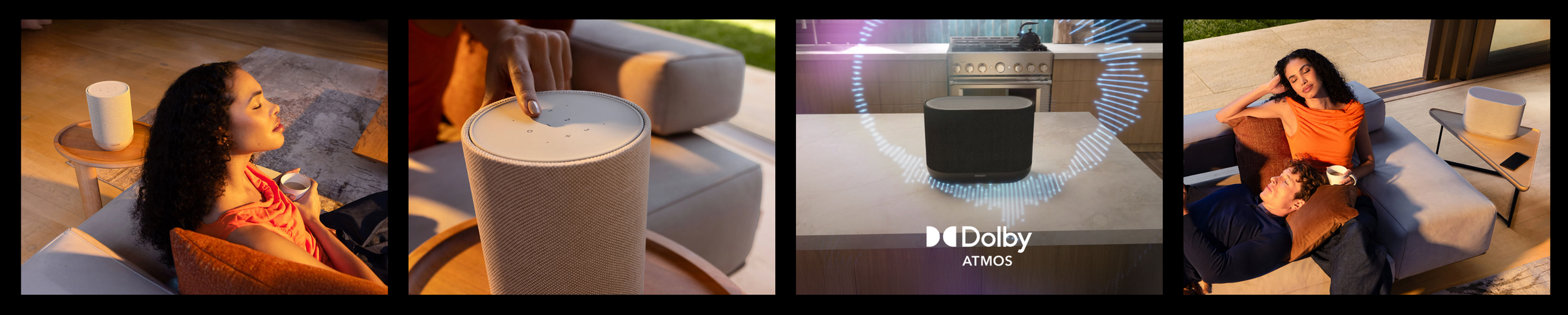 Slika zvočnikov Denon Home, ki ponujajo Dolby Atmos in brezžično multiroom predvajanje.