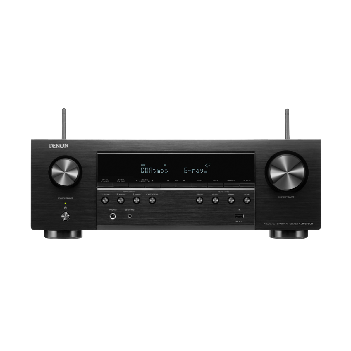 Podrobna slika Denon AVR-S760H receiverja, ki prikazuje sprednjo ploščo z gumbi, zaslonom in priključki.