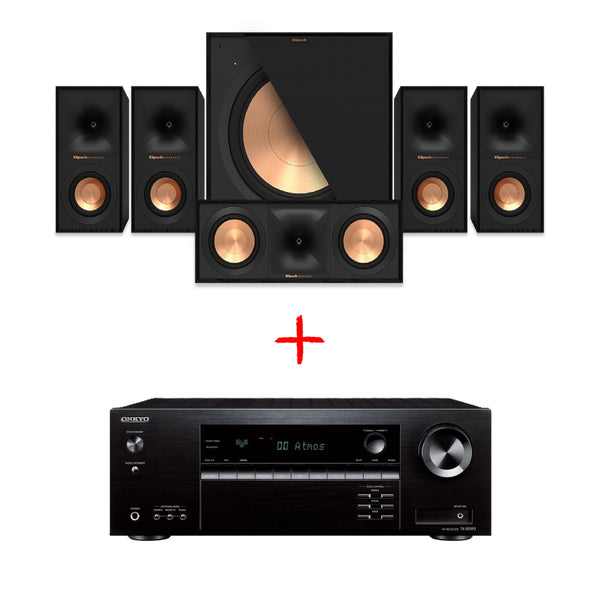 Slika 5.1 sistema z zvočniki Klipsch Reference R-40M + R-50C + R-121SW v kompletu z sprejemnikom Onkyo TX-SR393 po znižani ceni.