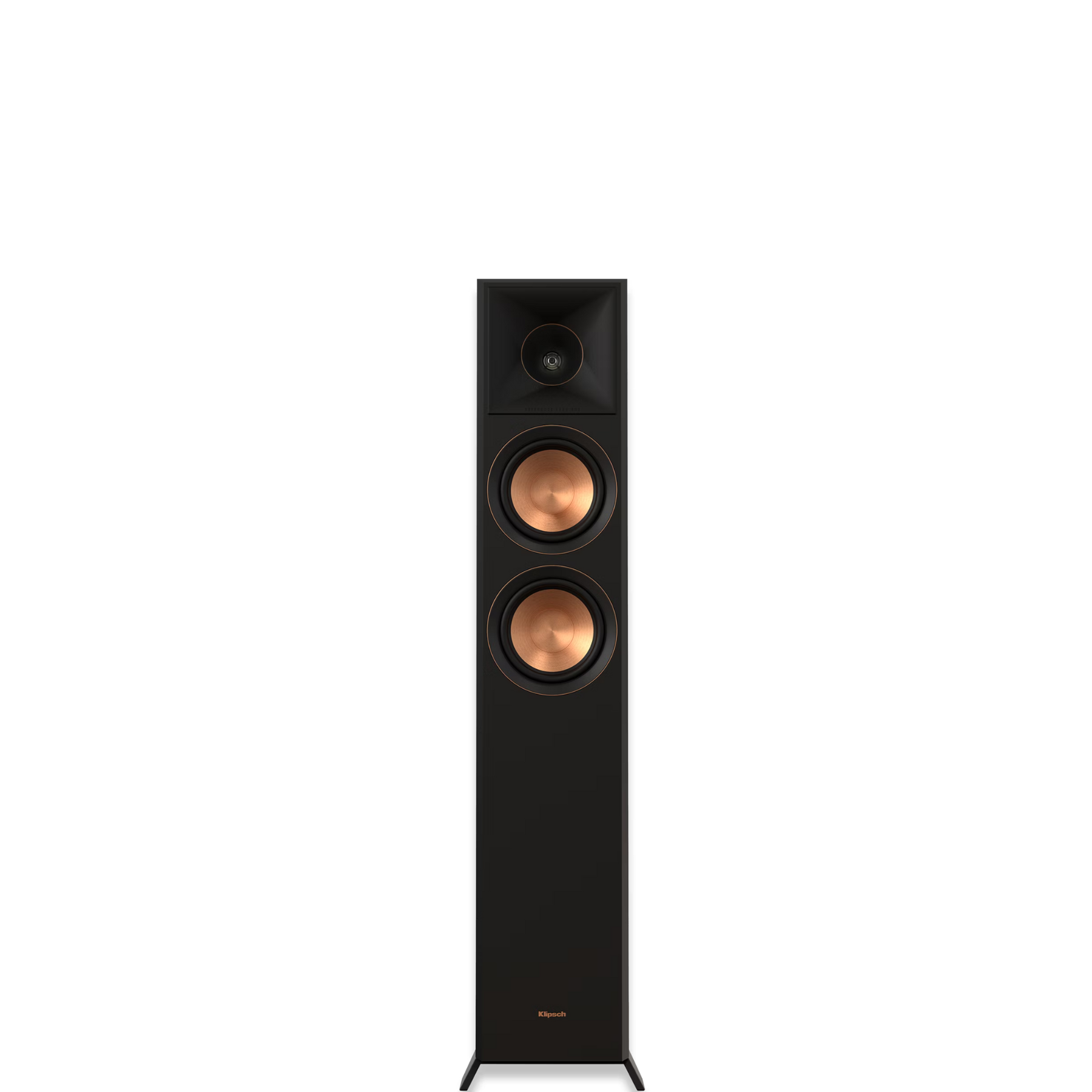 Podrobna slika Klipsch Reference Premiere RP-5000F II zvočnika, ki prikazuje dva 5,25-palčna bakrena keramično-kovinska nizkotonska enota