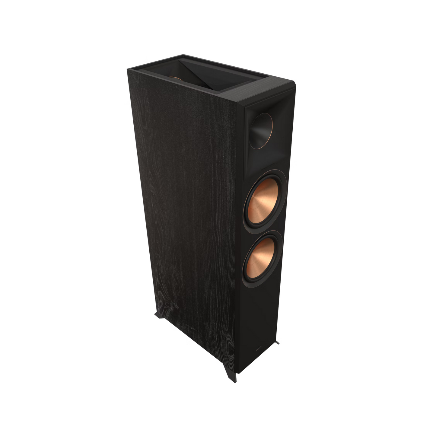 Podrobna slika Klipsch Reference Premiere RP-8060FA II zvočnika, ki prikazuje dvojne 8-palčne nizkotonske enote in vgrajen Dolby Atmos zvočnik.