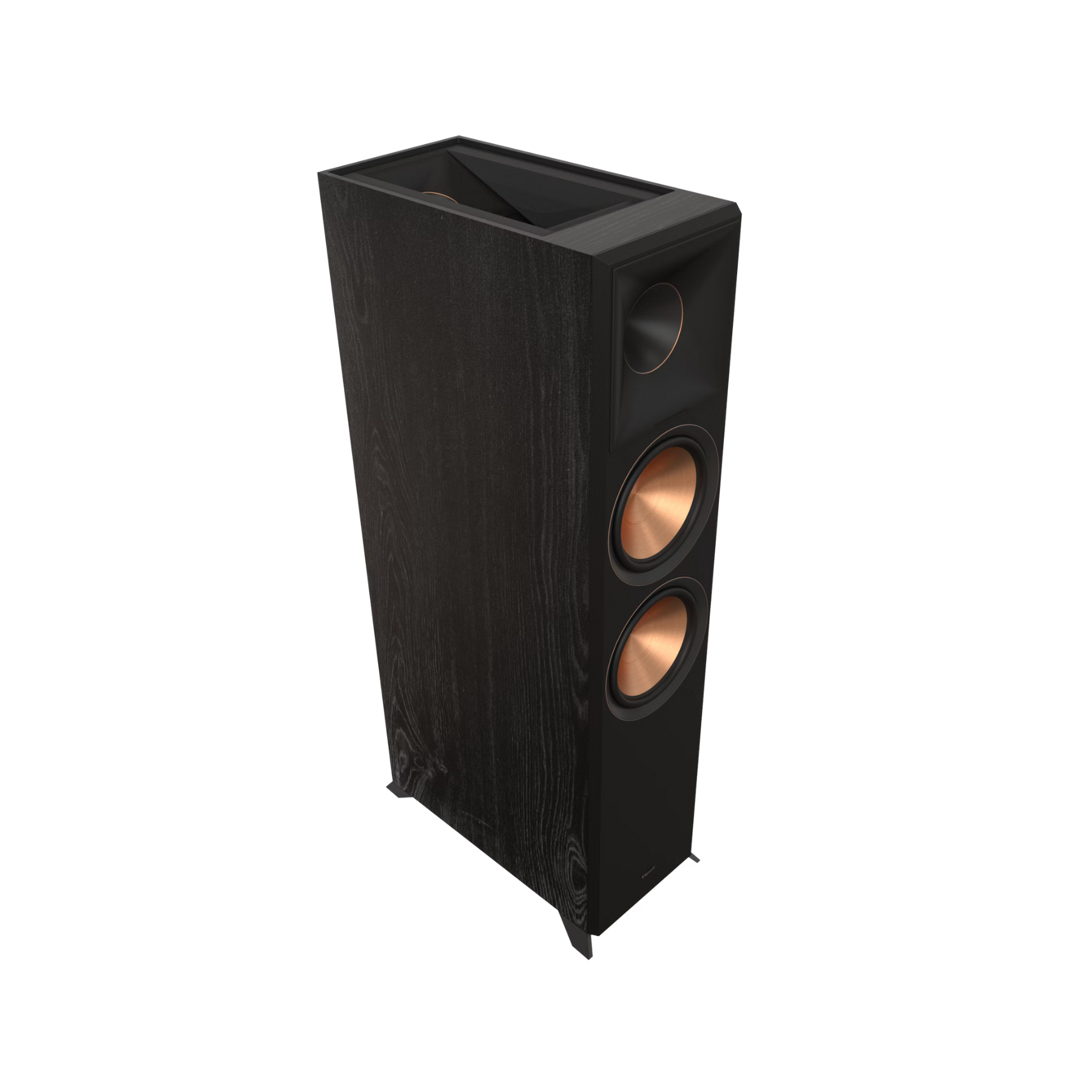 Podrobna slika Klipsch Reference Premiere RP-8060FA II zvočnika, ki prikazuje dvojne 8-palčne nizkotonske enote in vgrajen Dolby Atmos zvočnik.