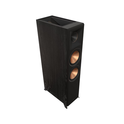 Podrobna slika Klipsch Reference Premiere RP-8060FA II zvočnika, ki prikazuje dvojne 8-palčne nizkotonske enote in vgrajen Dolby Atmos zvočnik.