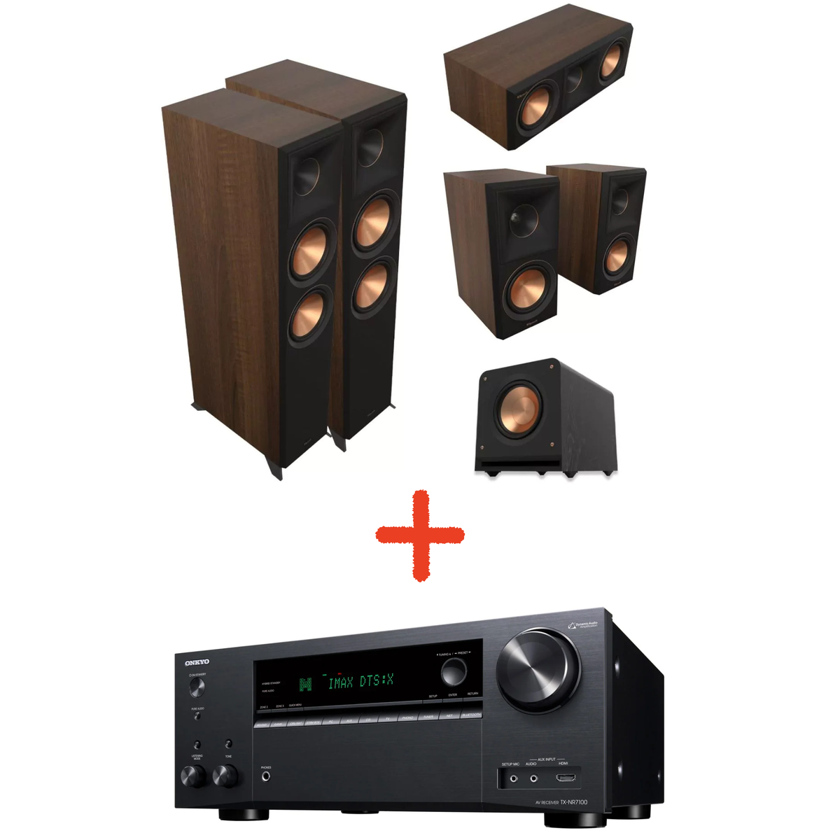 Klipsch Reference Premiere Performance 5.1 Walnut – zvočniški komplet z AV-receiverjem Onkyo TX-NR7100