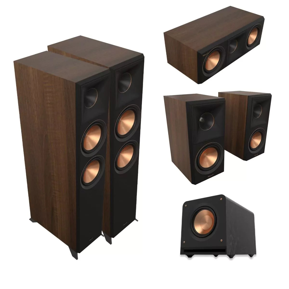 Klipsch Reference Premiere Performance 5.1 – komplet Walnut z zvočniki RP-6000F II, RP-500C II, RP-500M II in nizkotoncem RP-1200SW v črni barvi
