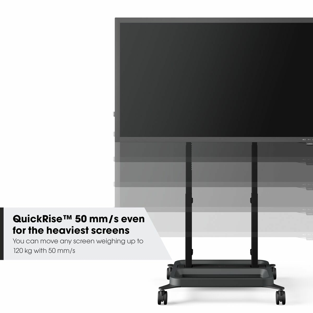 Slika Vogels V RISE 5305, ki prikazuje velik TV zaslon (65-86"), nameščen na motoriziran voziček, kar omogoča enostavno premikanje in nastavitev višine.