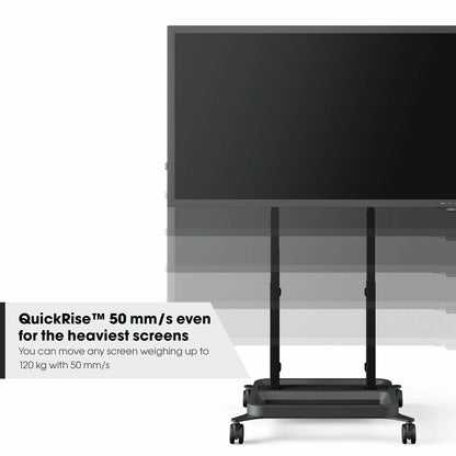 Slika Vogels V RISE 5305, ki prikazuje velik TV zaslon (65-86"), nameščen na motoriziran voziček, kar omogoča enostavno premikanje in nastavitev višine.