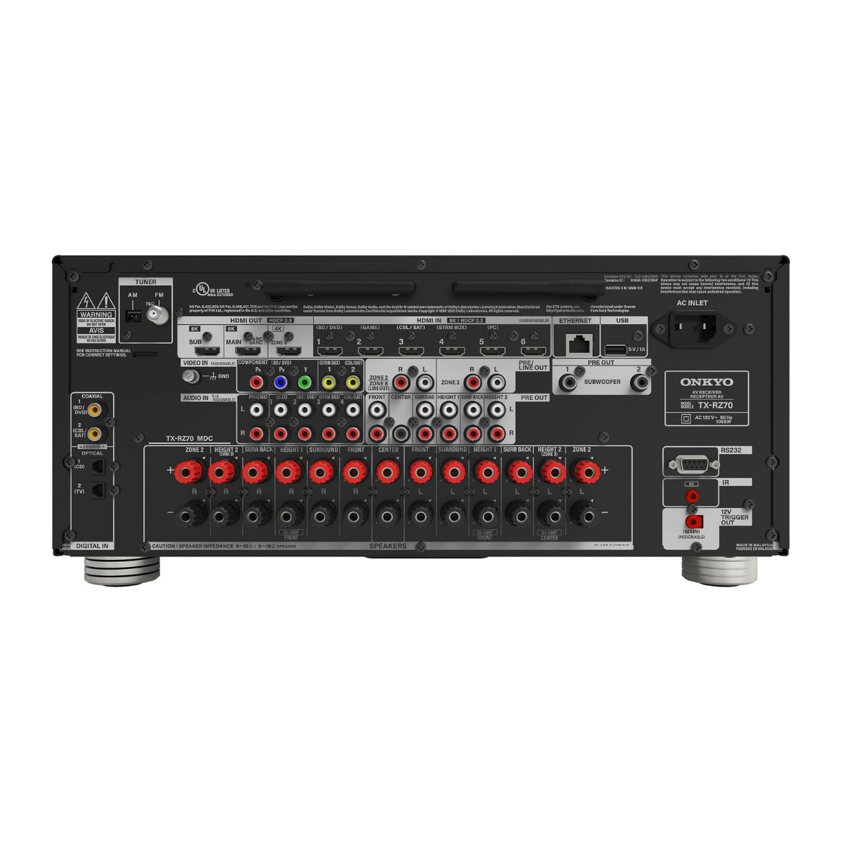 Onkyo TX-RZ70 – zadnja stran z vsemi priključki | HDMI 8K vhodi, XLR pre-out izhodi, priključki za večkanalne zvočnike in mrežno povezljivost.