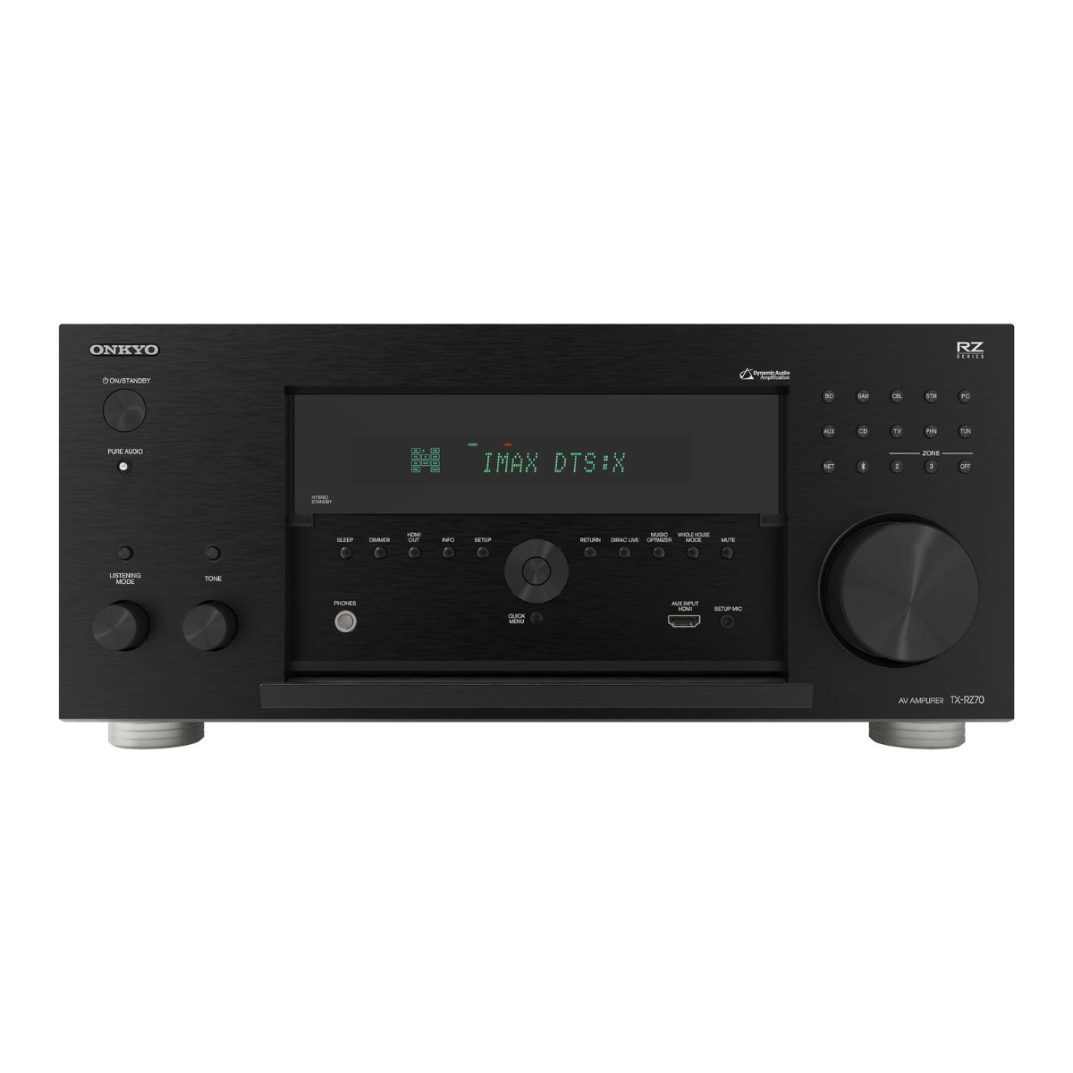 Onkyo TX-RZ70 Sprednji pogled | Premium AV sprejemnik z LED zaslonom, aluminijasto ploščo in velikim gumbom za glasnost.