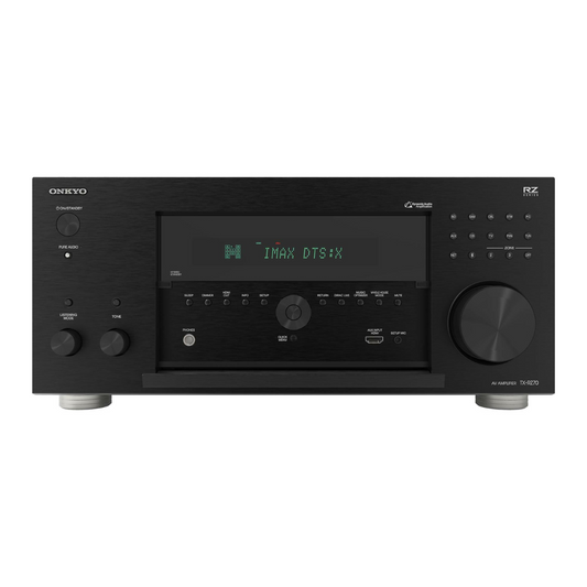 Onkyo TX-RZ70 Sprednji pogled | Premium AV sprejemnik z LED zaslonom, aluminijasto ploščo in velikim gumbom za glasnost.