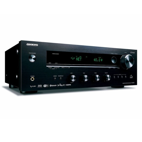 Onkyo TX-8270 2.1-kanalni DAB sprejemnik – sprednji pogled | Kompaktna črna enota z LED zaslonom, preprostimi gumbi za nadzor in elegantnim regulatorjem glasnosti.