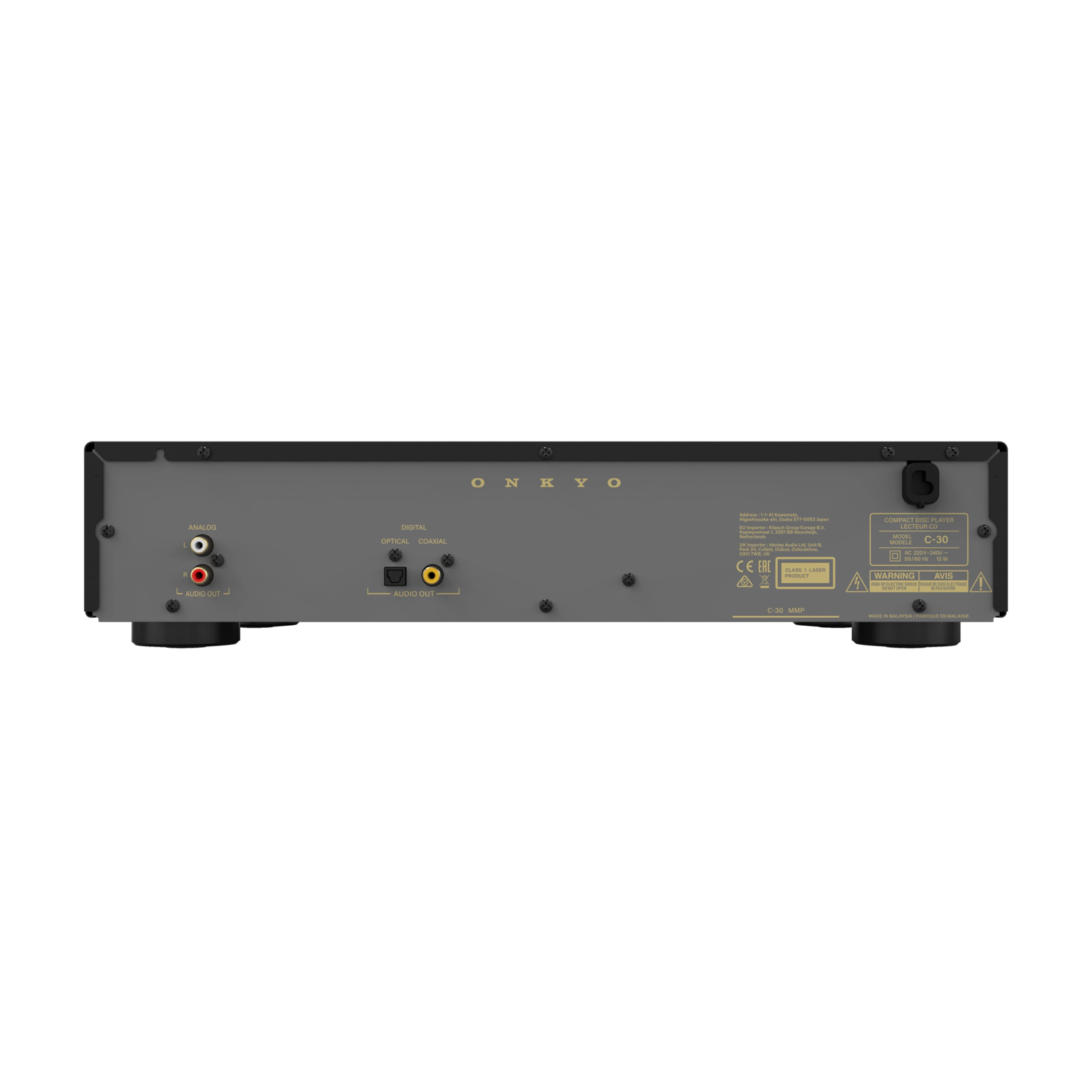 Zadnja stran Onkyo Icon C-30 CD predvajalnika s prikazom pozlačenih analognih in digitalnih optičnih izhodov.