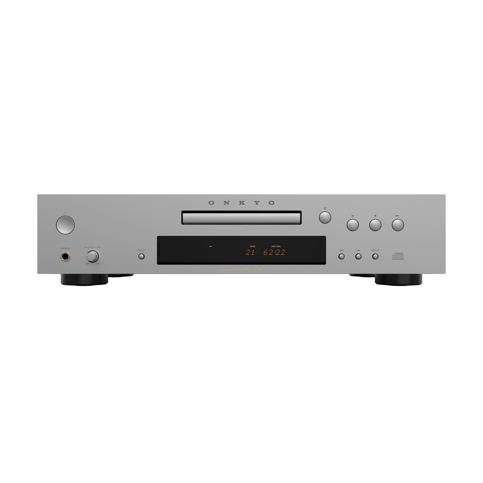 Onkyo Icon C-30 kakovosten CD predvajalnik s aluminijasto srebrno sprednjo ploščo na belem ozadju.