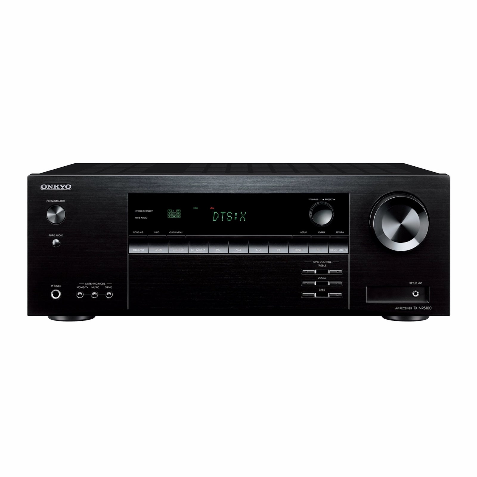 Podrobna slika Onkyo TX-NR5100 sprejemnika, ki prikazuje sprednjo ploščo z gumbi, zaslonom in priključki.