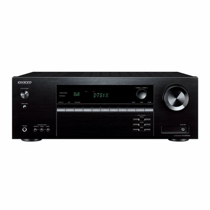 Podrobna slika Onkyo TX-NR5100 sprejemnika, ki prikazuje sprednjo ploščo z gumbi, zaslonom in priključki.