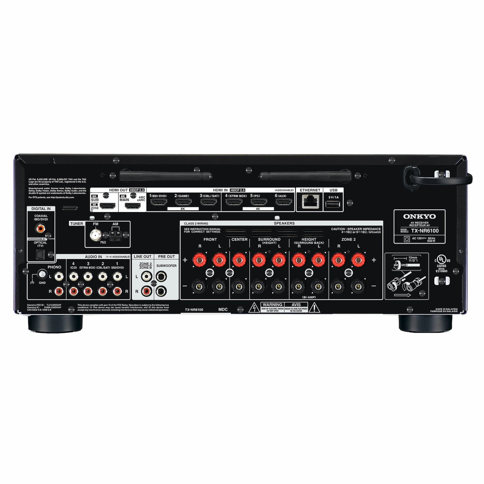 Onkyo TX-NR6100 – priključki na zadnji strani | HDMI vhodi z 8K podporo, pre-out izhodi, terminali za 7.2-kanalne zvočnike in mrežna povezava.