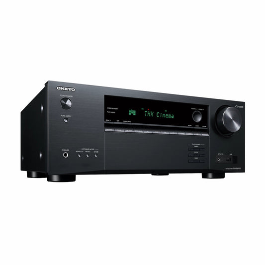 Onkyo TX-NR6100 7.2-kanalni AV sprejemnik – prednji panel | Osvetljen prikazovalnik, fizični gumbi in velikim vrtljiv regulator glasnosti.